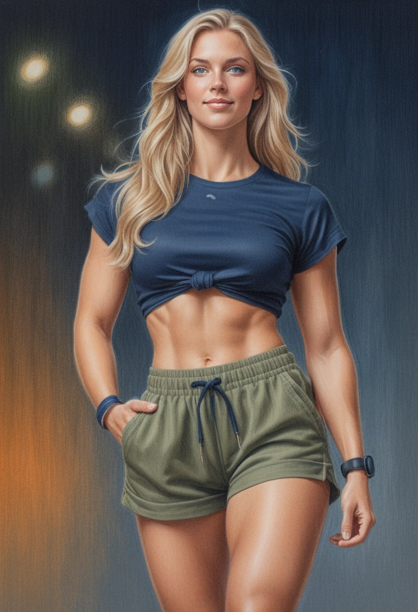 Ritratto a matite colorate di donna bionda atletica con crop top