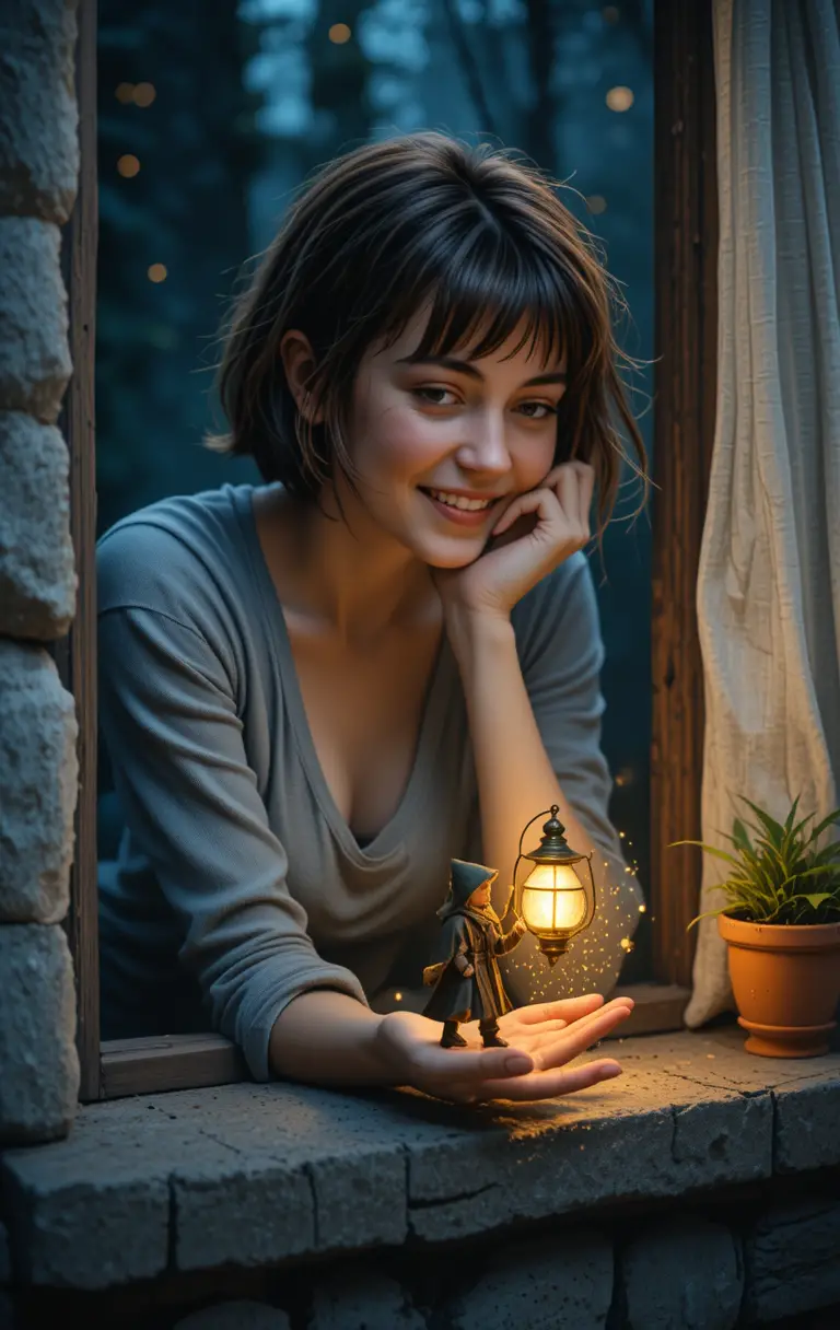 Young woman watching a tiny wizard on her windowsill