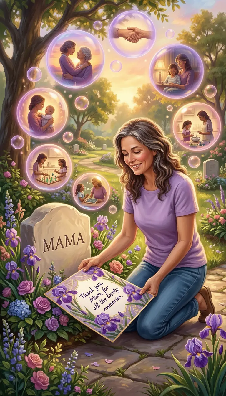 Woman honoring her mother at a sunlit garden grave