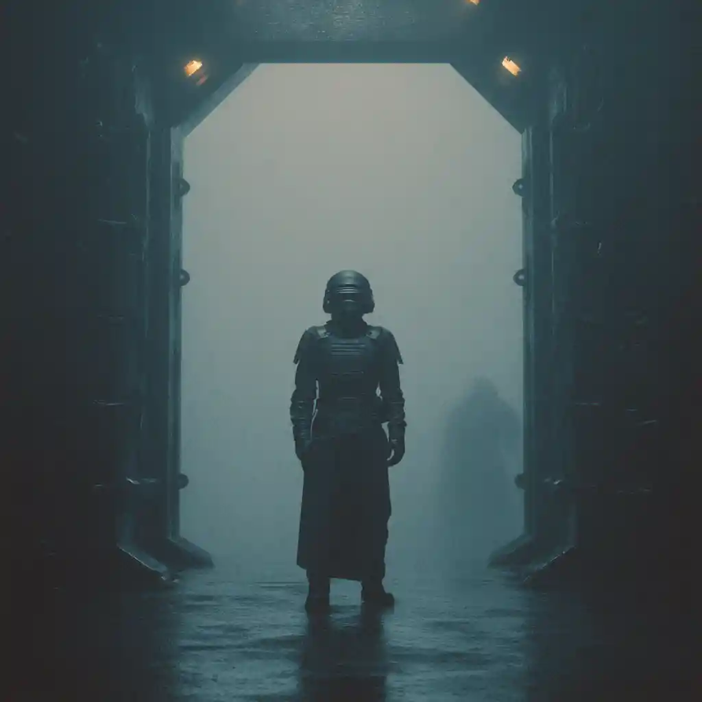 Young apprentice at a dark monastery gate in the mountains