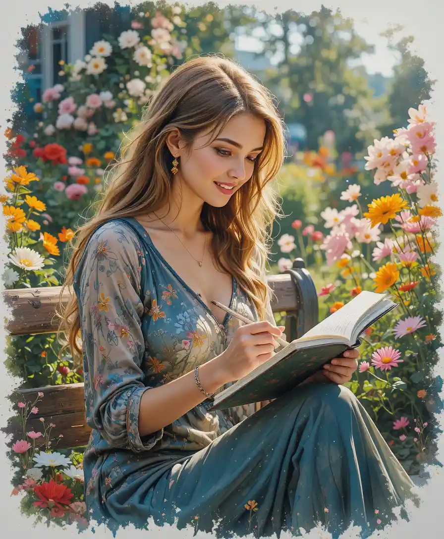 Woman writing in a notebook on a garden bench