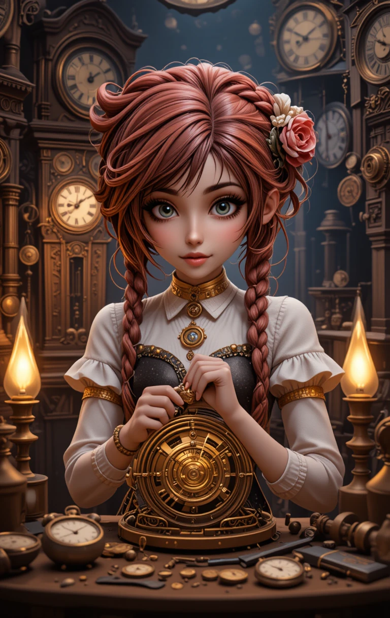 Steampunk woman repairing clockwork in a warm vintage workshop