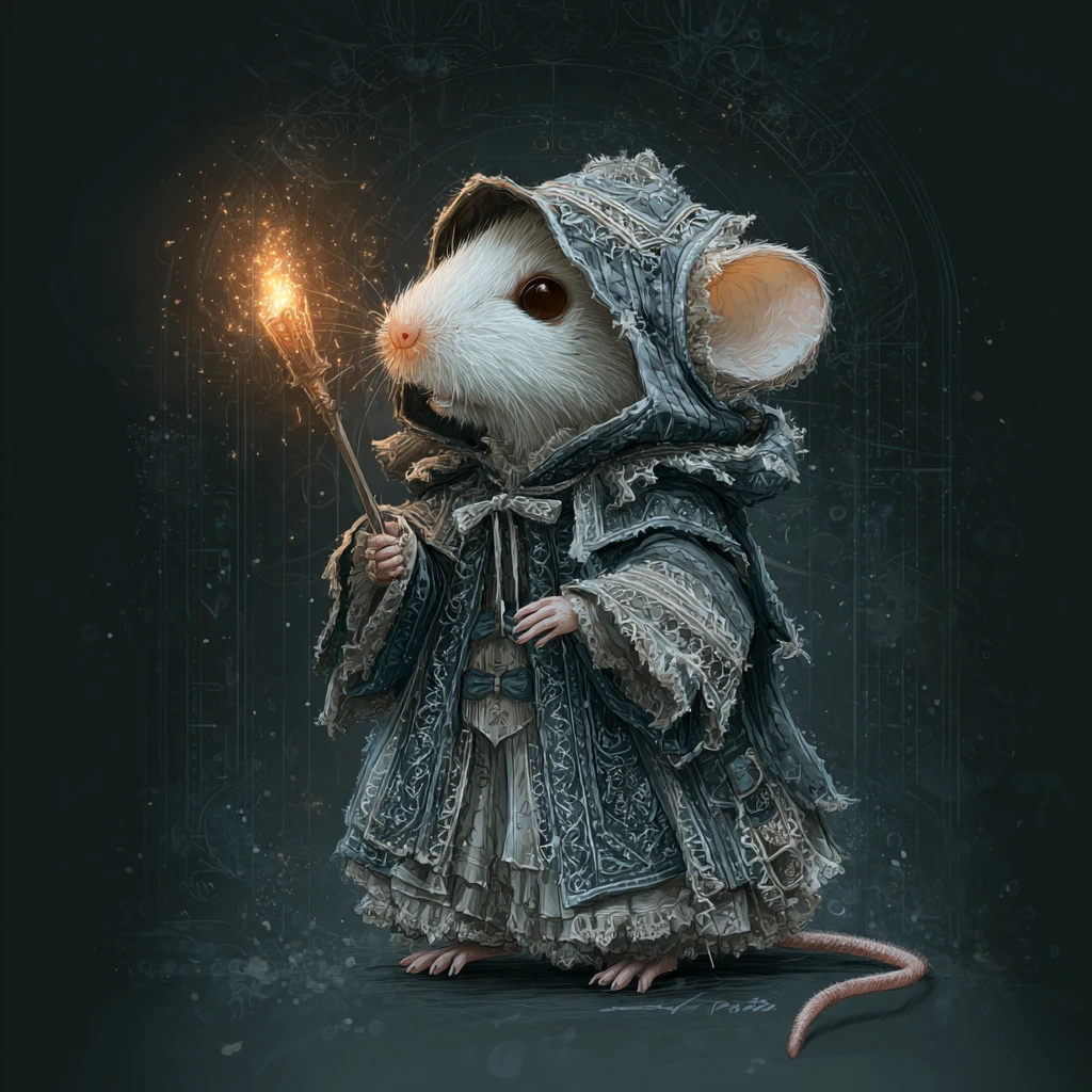 Tiny cloaked mouse carrying a glowing torch
