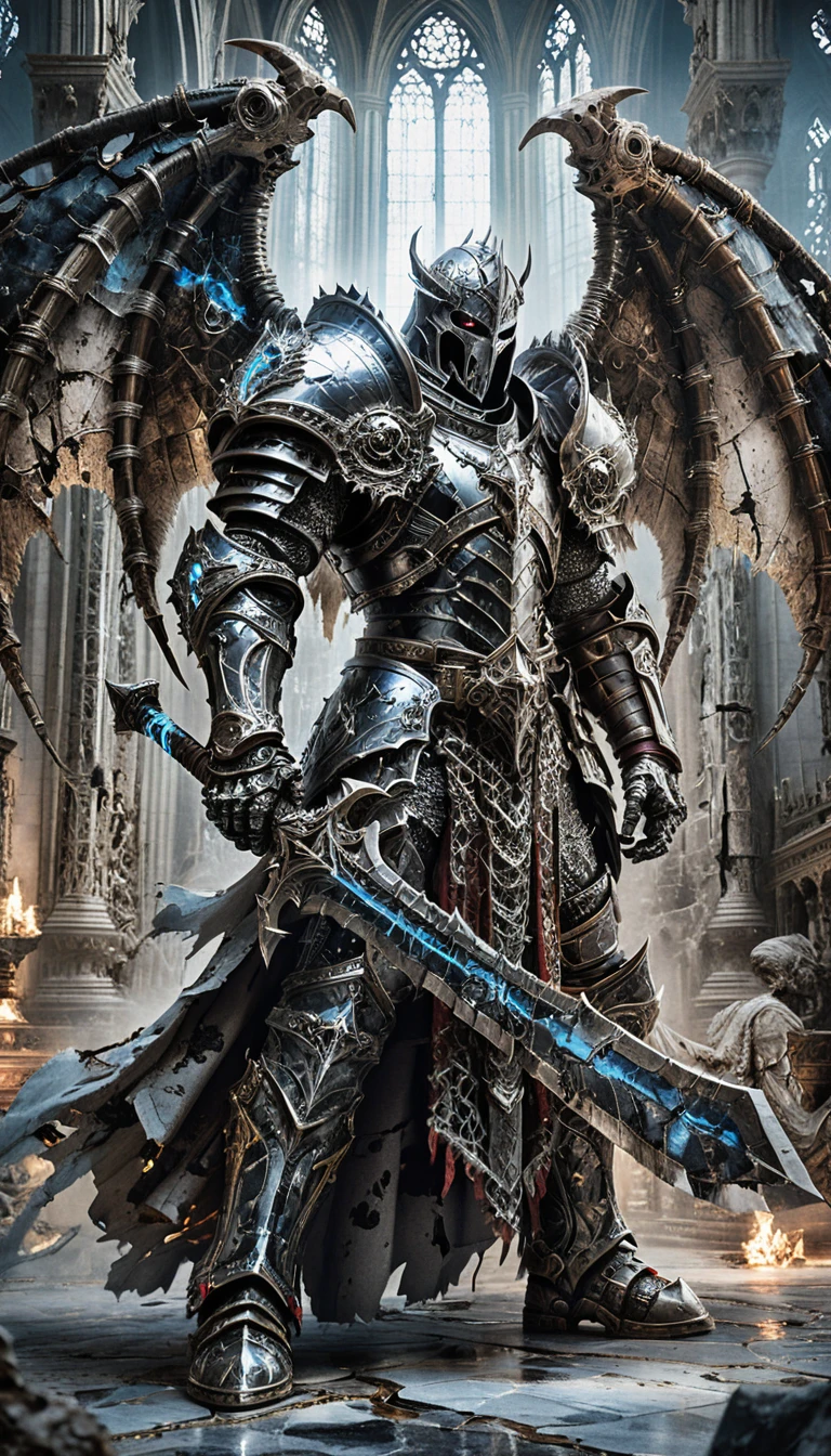 Death knight with wings in a ruined gothic cathedral