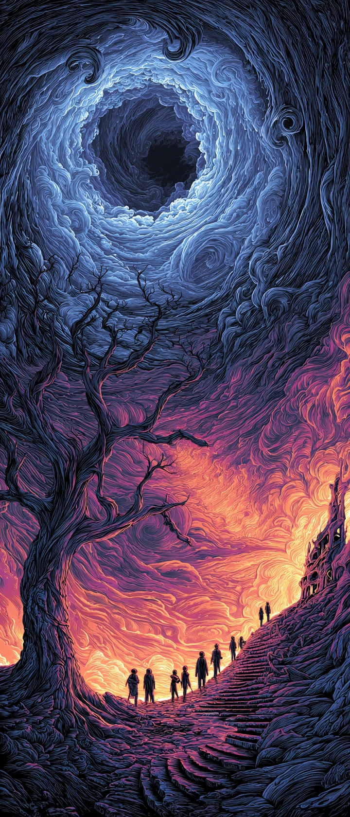 Infinite flaming staircase rising into a cosmic storm eye