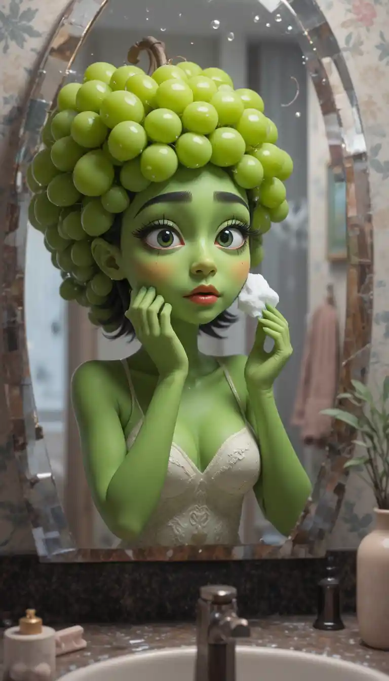 Grape headed woman removing makeup in bathroom mirror