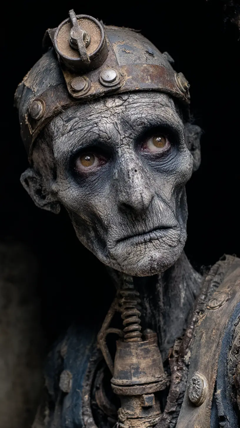 Grotesque necrotic humanoid portrait with glowing amber eyes