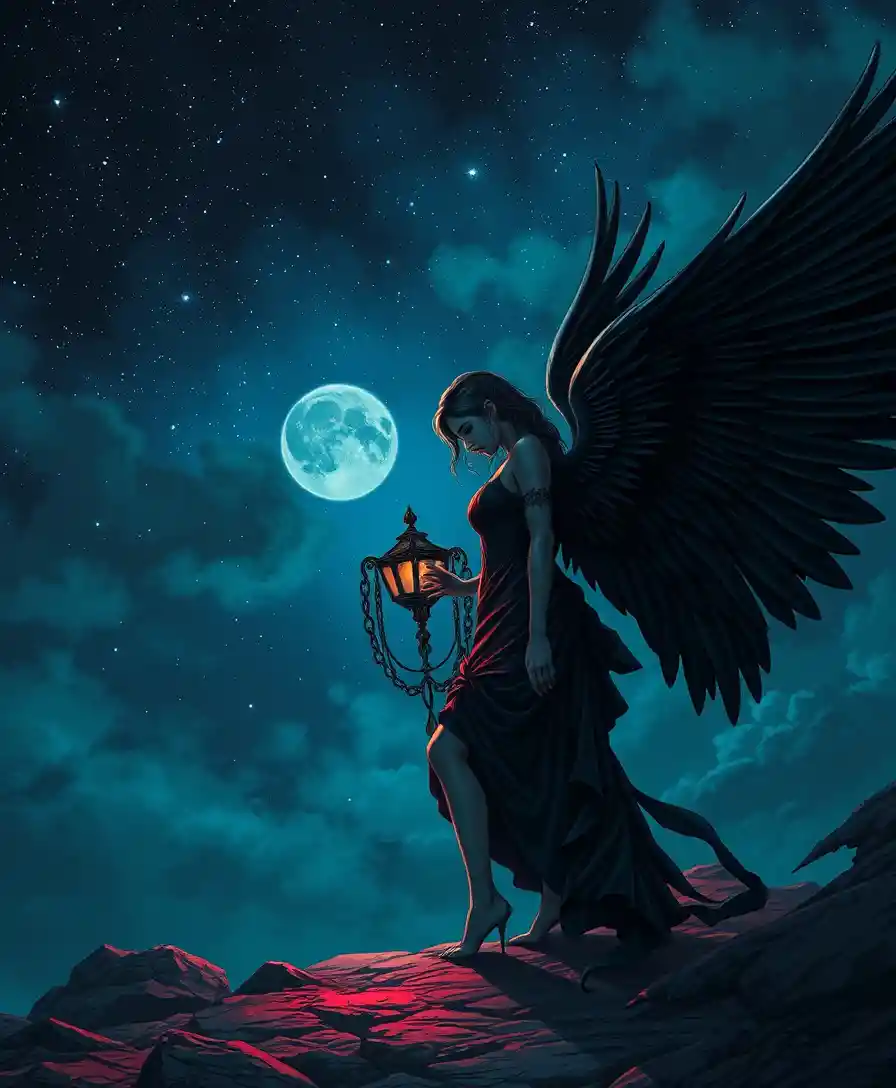 Dark angel reclaiming a symbol under a starlit sky