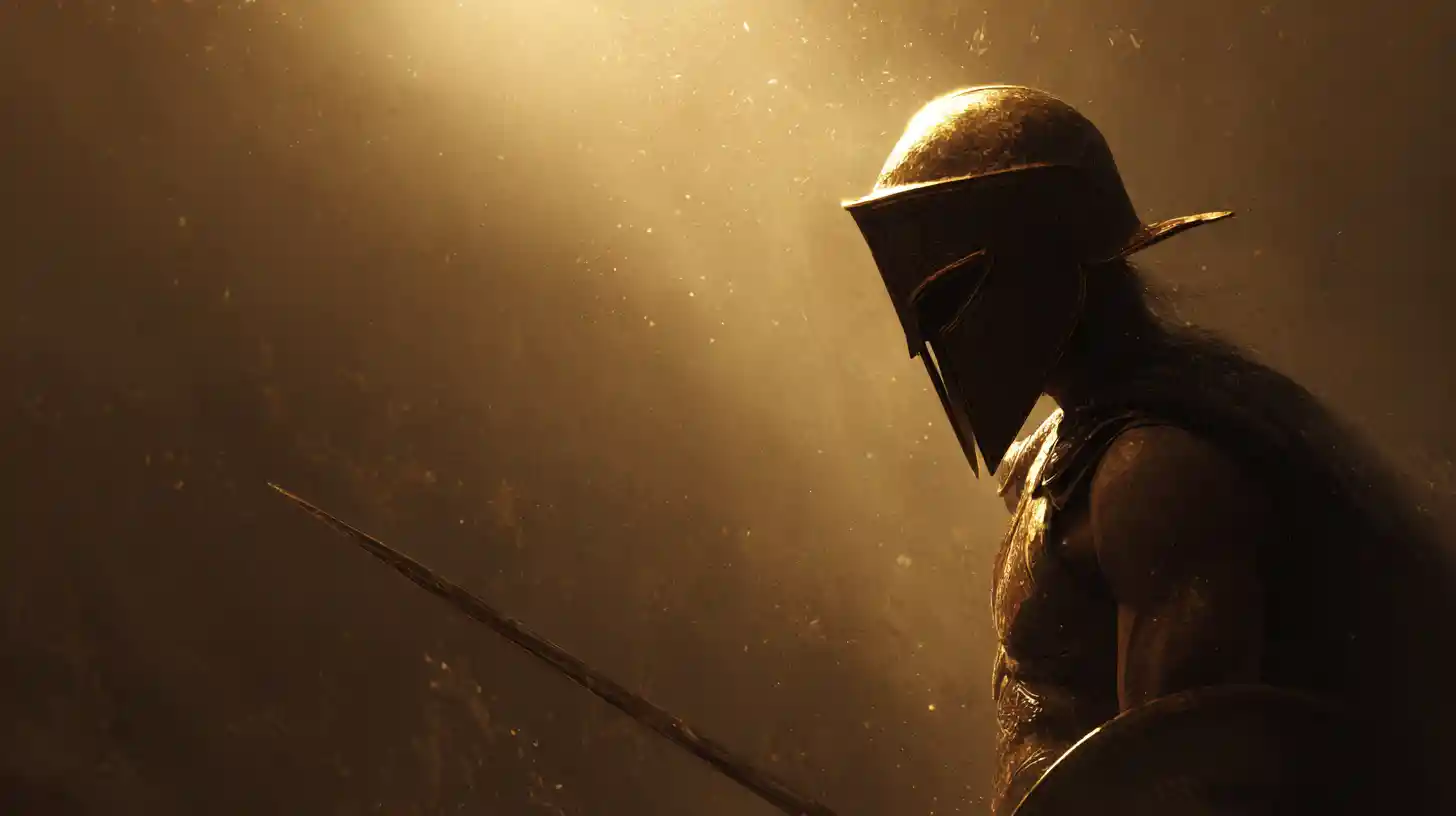 Spartan warrior characters in soft golden classical realism scene