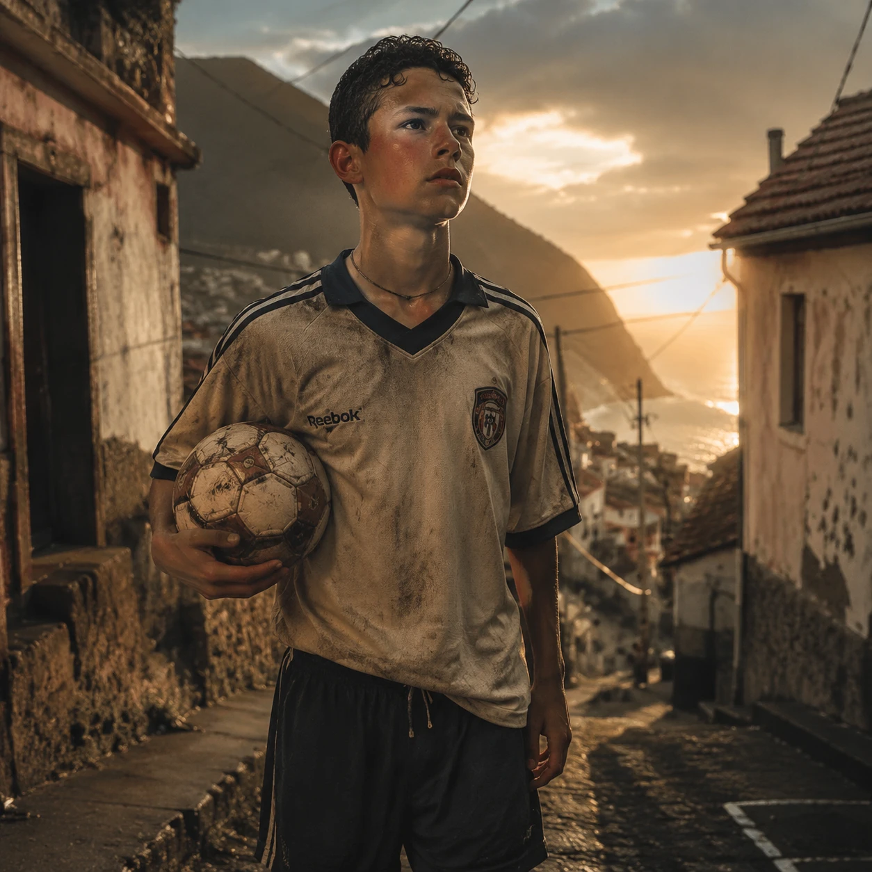 Young boy with football in narrow Madeira street at sunset