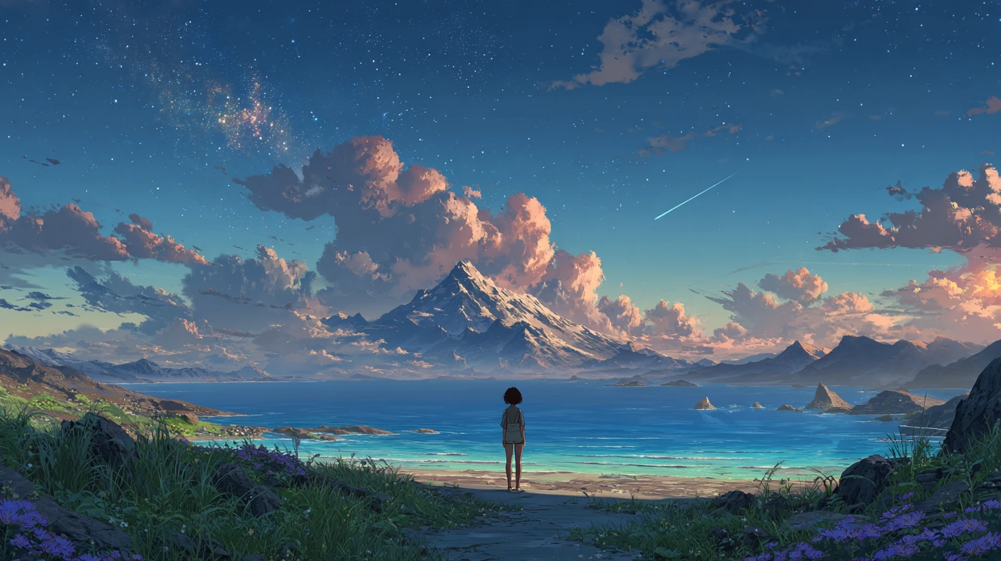 Anime girl on a mystical island under a twilight sky
