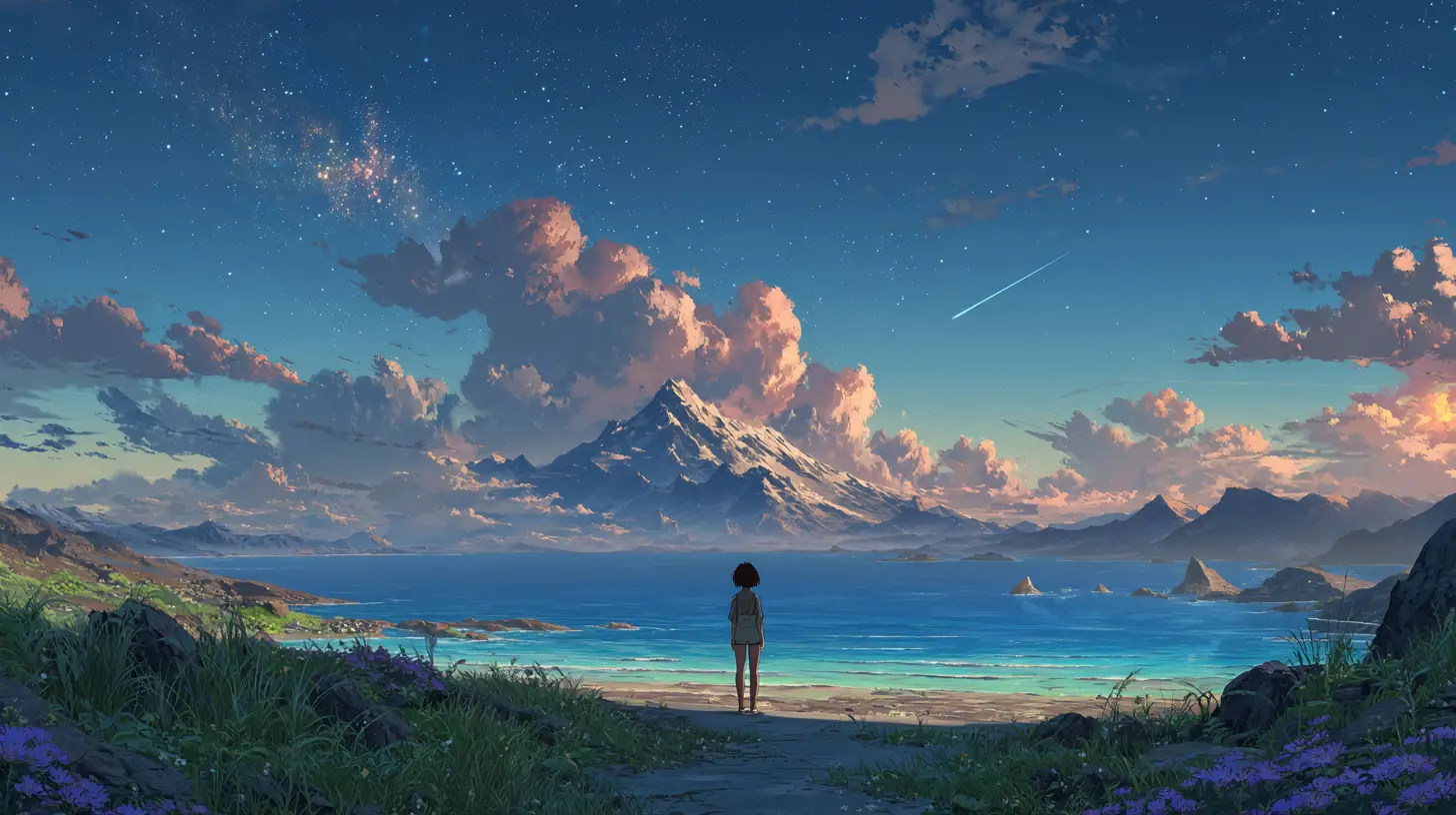 Anime girl on a mystical island under a twilight sky