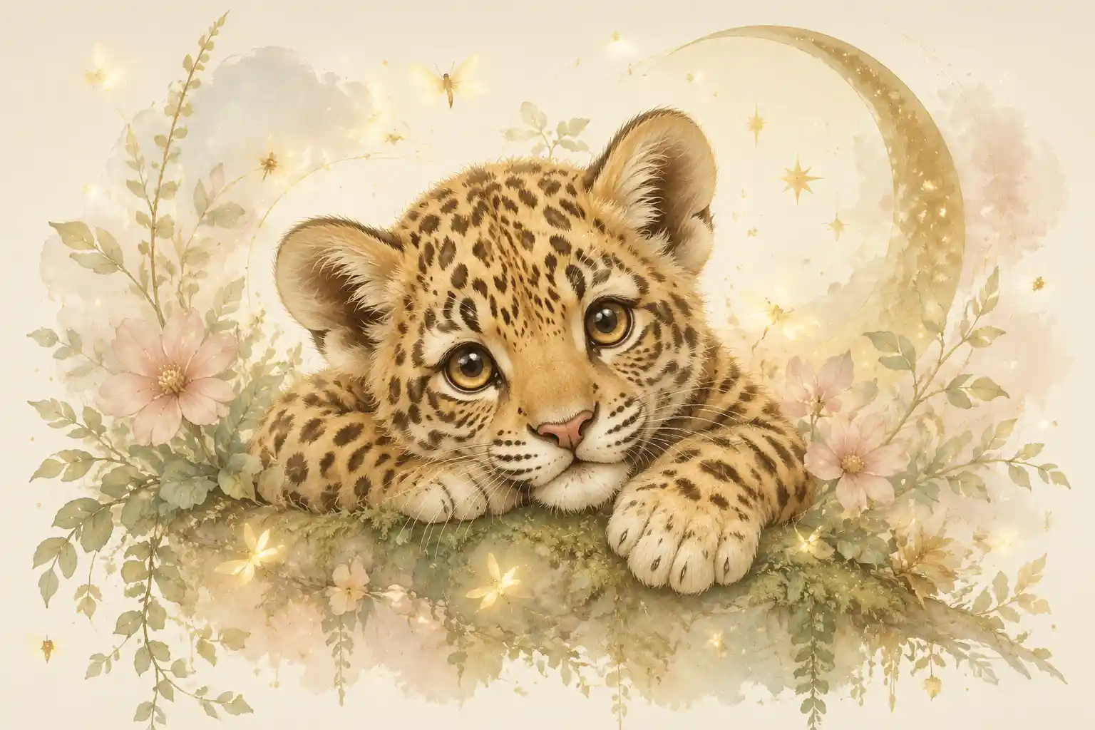 Sweet baby jaguar cub resting with gentle fireflies