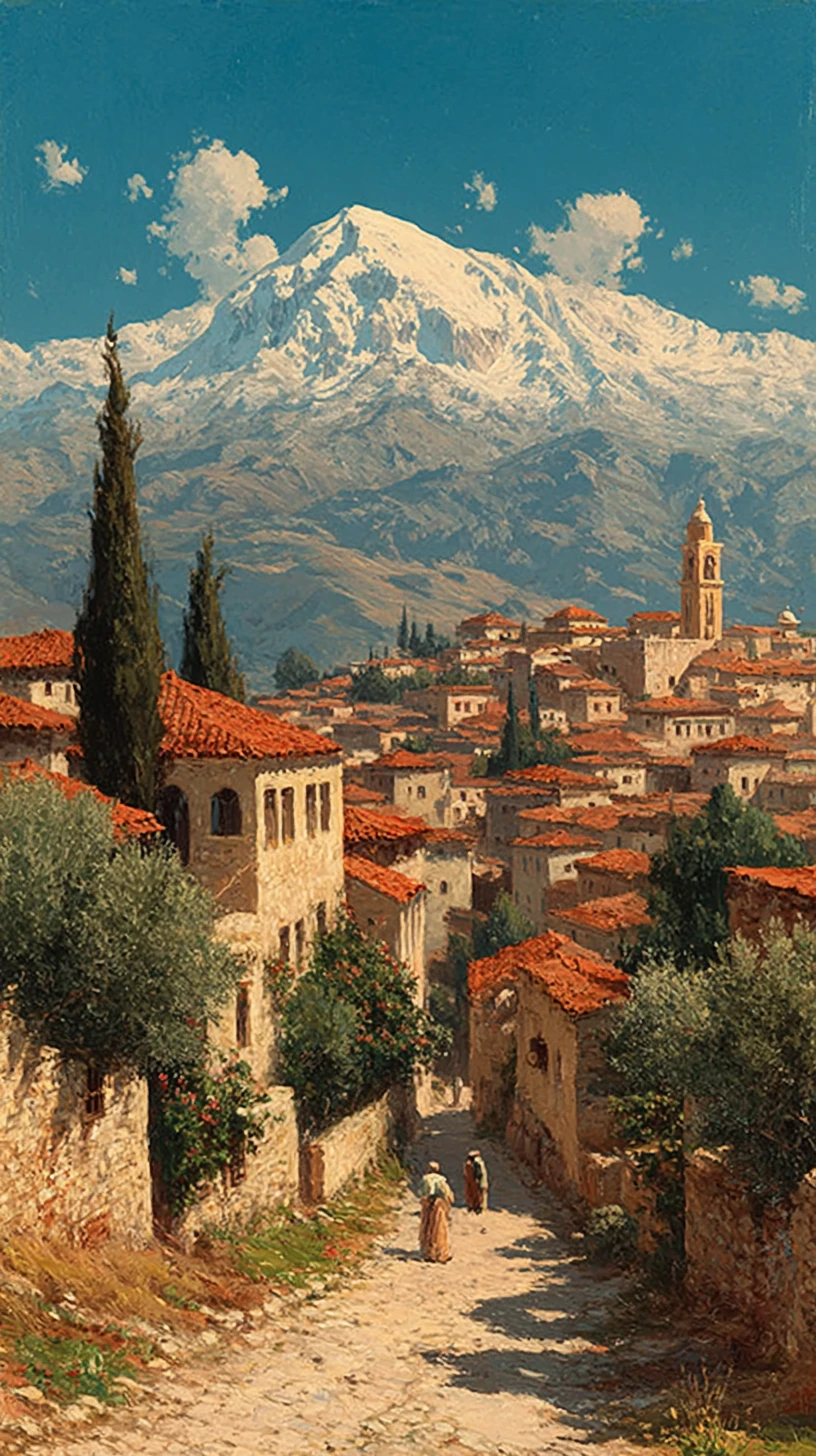 Victorian oil painting of snow capped Algerian mountains