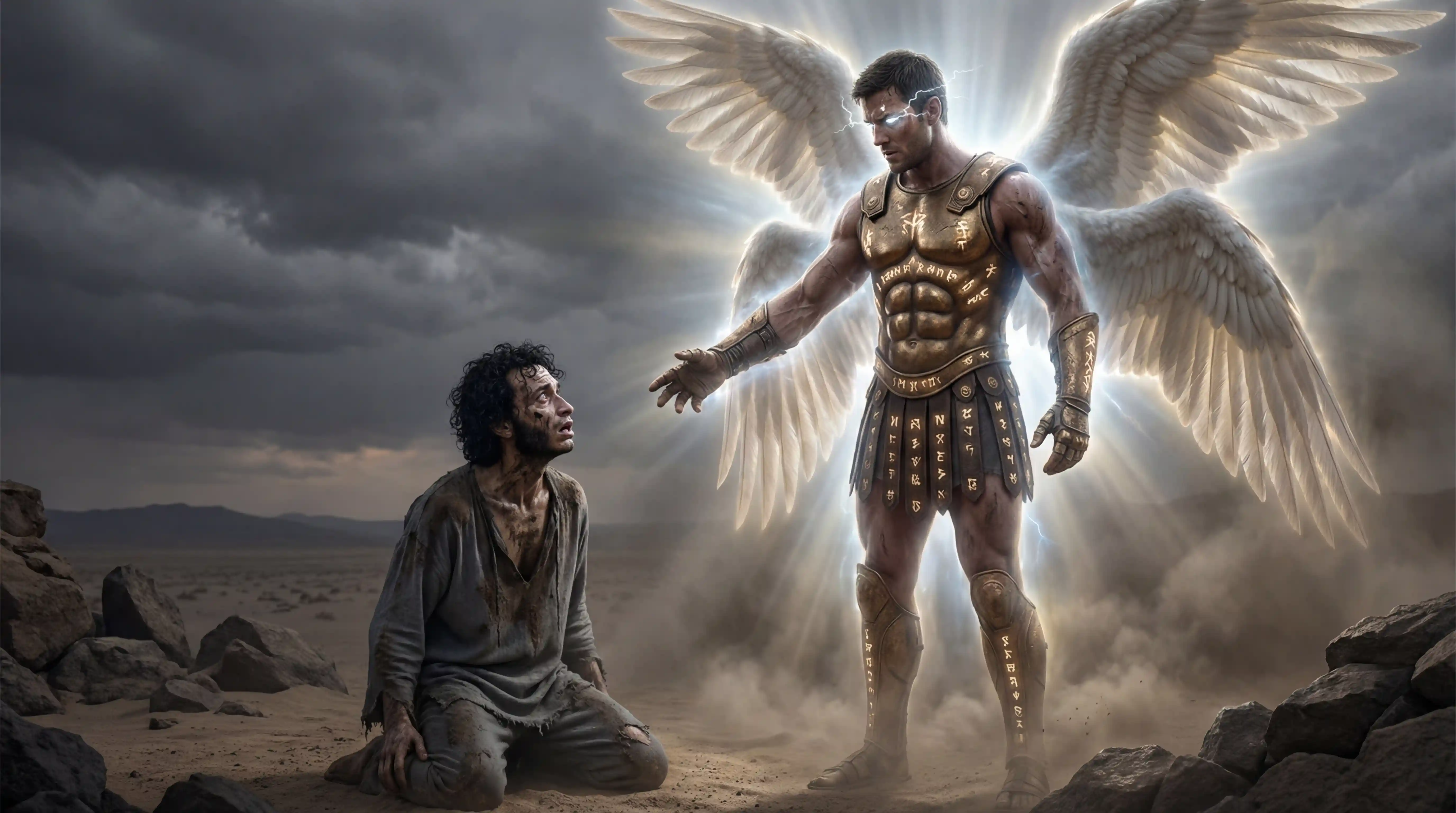 Seraphim confronts a trembling man in stormy desert twilight