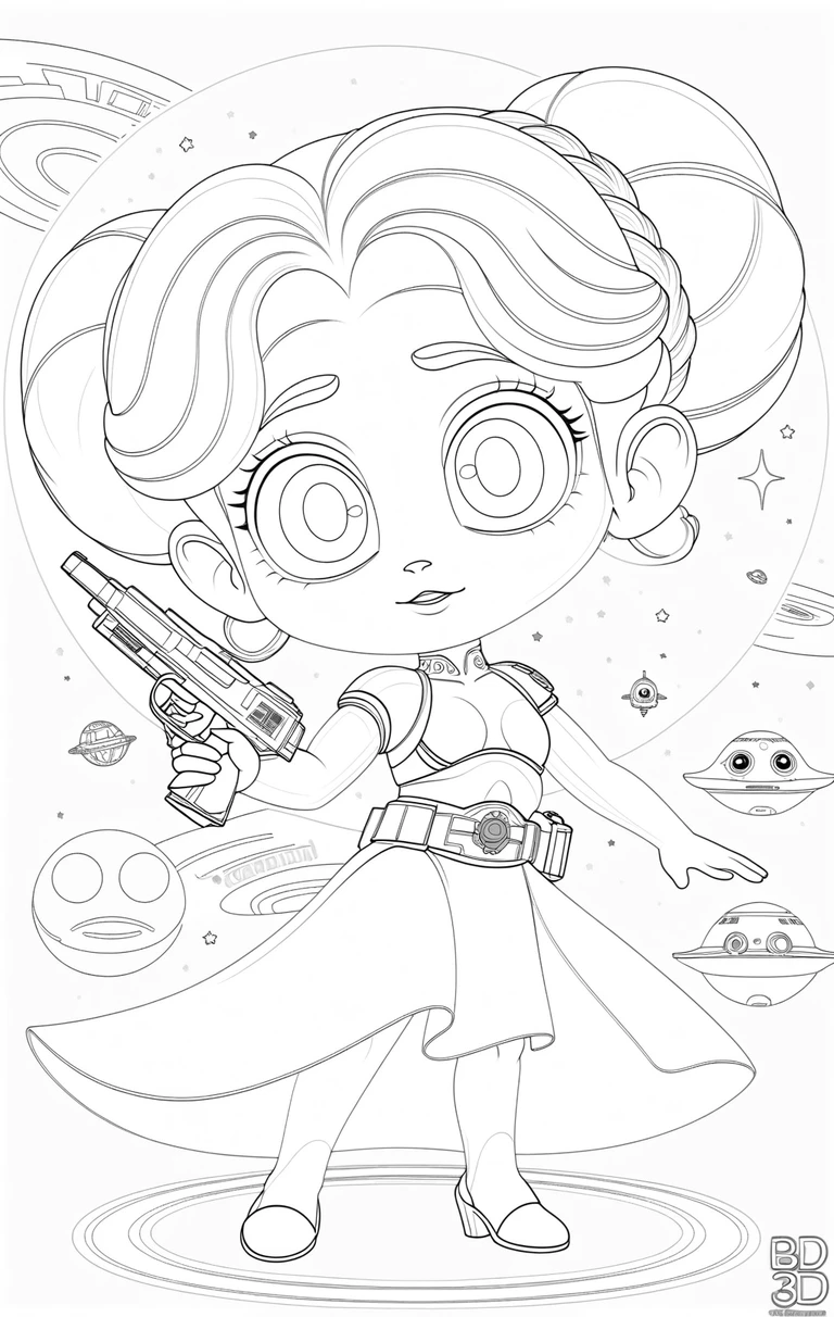 Cute chibi princess with blaster in starry space