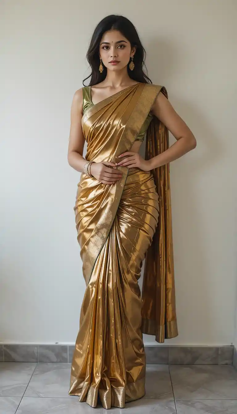 Modern woman in saree posing against an indoor wall