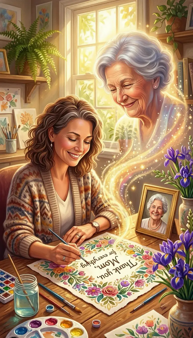 Woman Writing A Glowing Mothers Day Card At Sunlit Desk