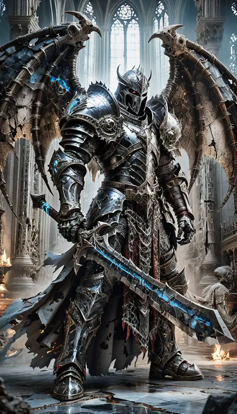 Death knight with wings in a ruined gothic cathedral