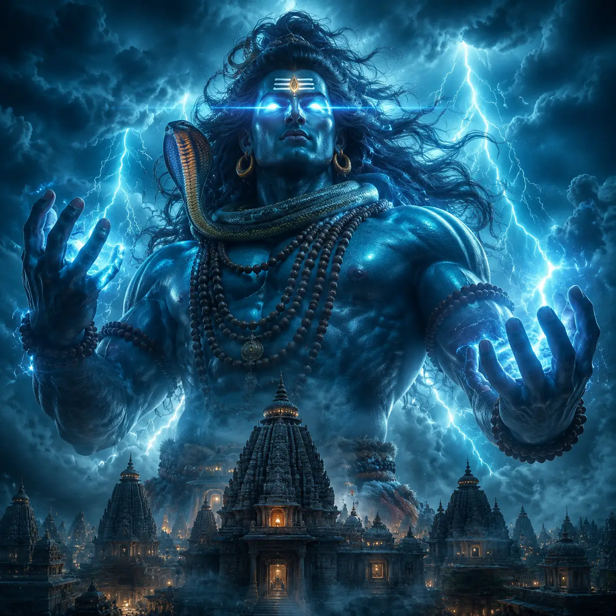 Divine cosmic deity towering above ancient temple city