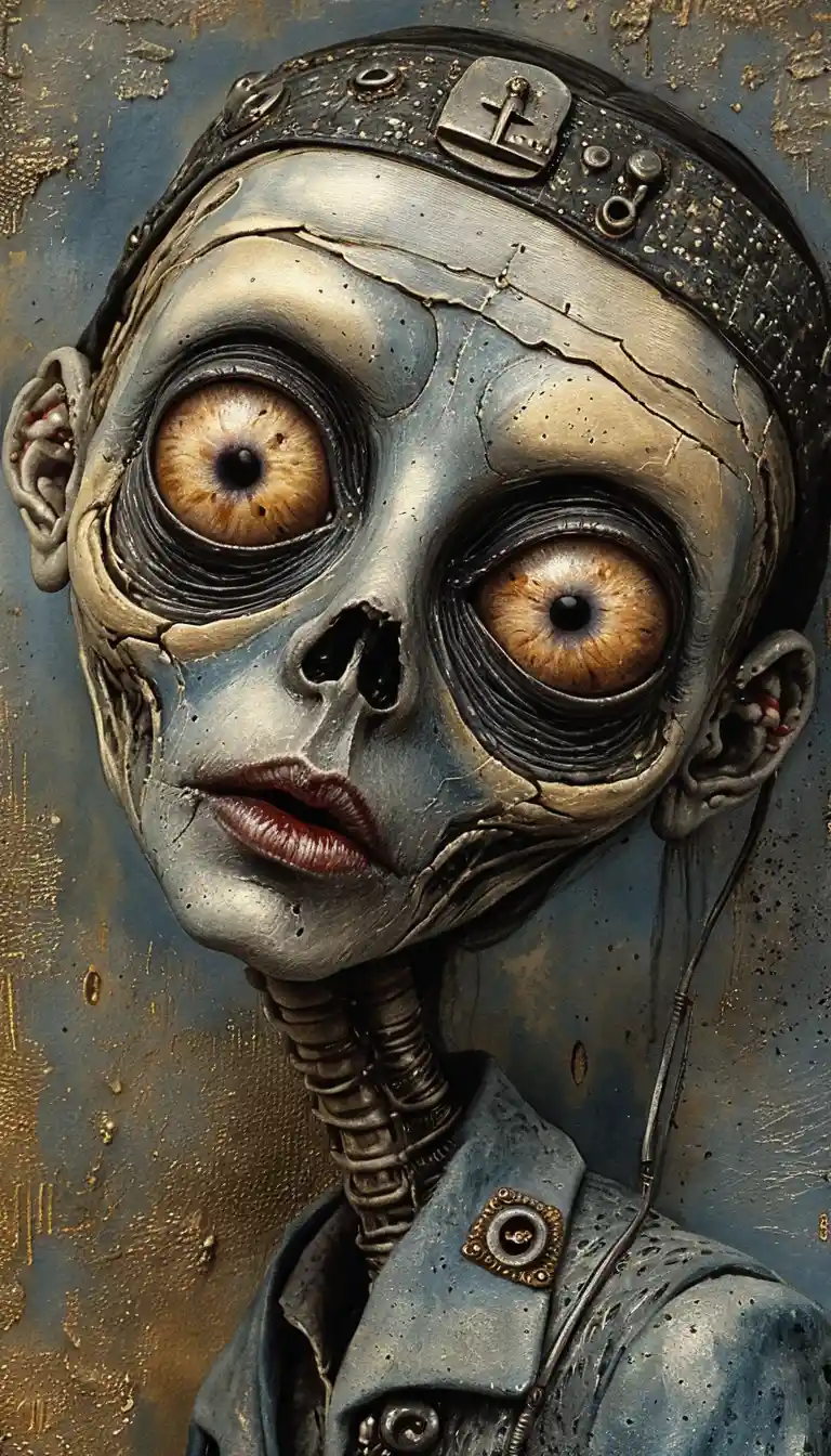 Grotesque humanoid portrait with glowing amber eyes