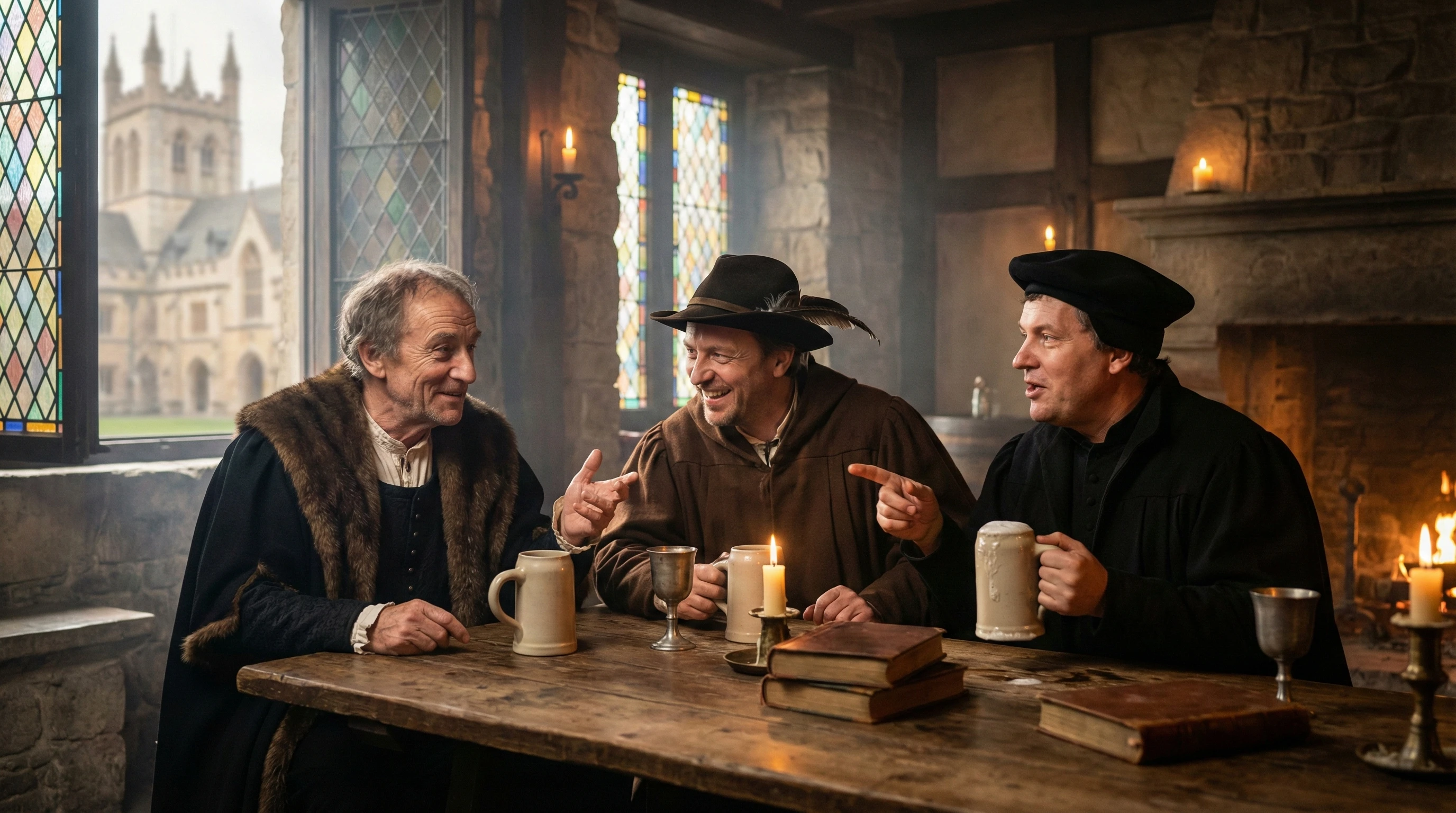 Medieval scholars debating over beer in a warm tavern