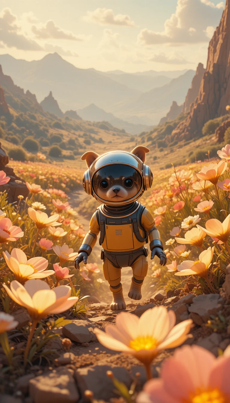 Playful dog in a robot helmet exploring surreal golden hills