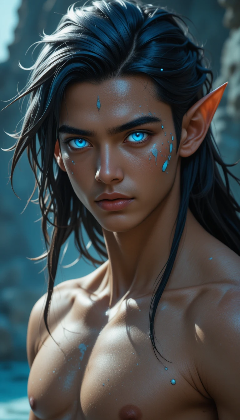 Young fantasy man with blue eyes and subtle scales