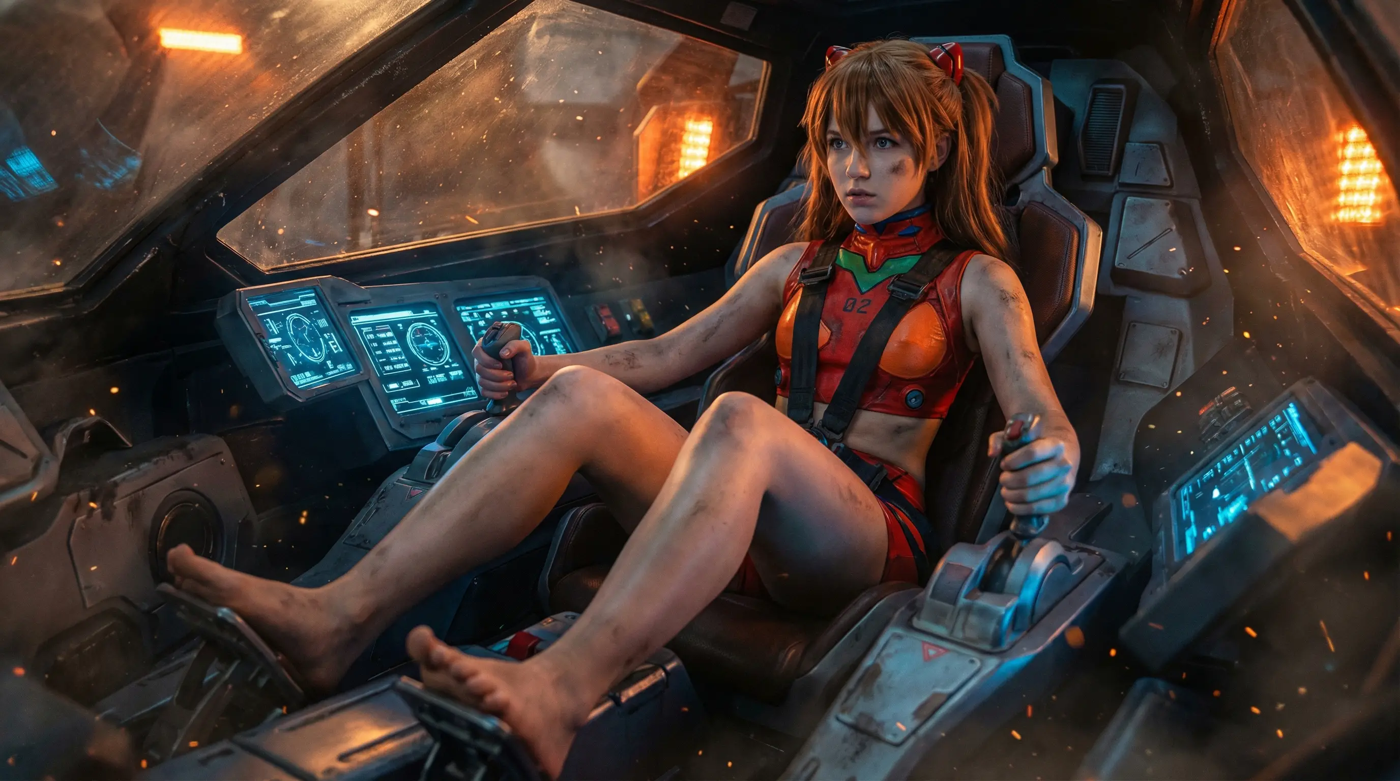 Anime girl pilot framed in a tense mech cockpit closeup