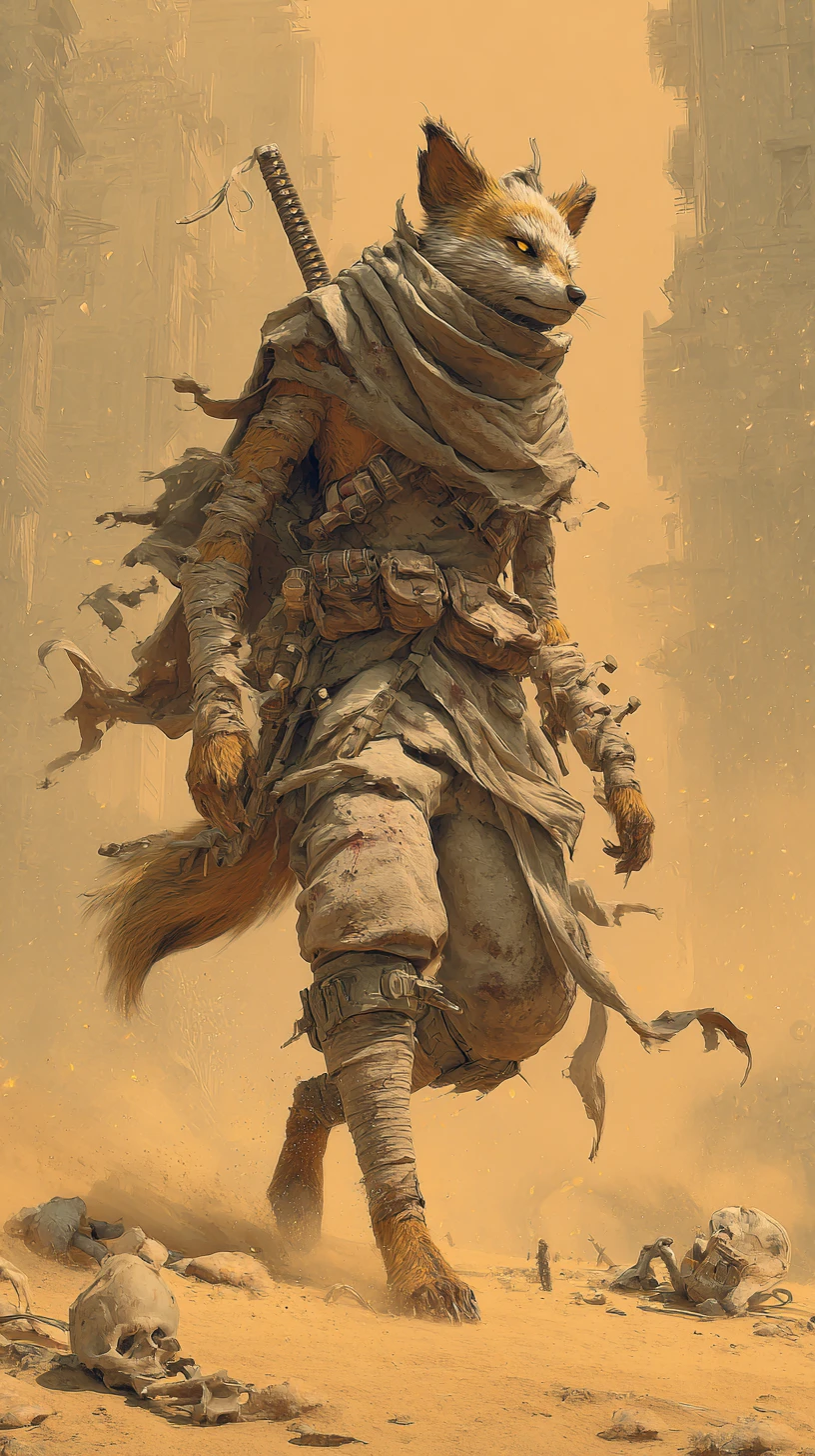 Anthropomorphic desert fox walking through a raging sandstorm