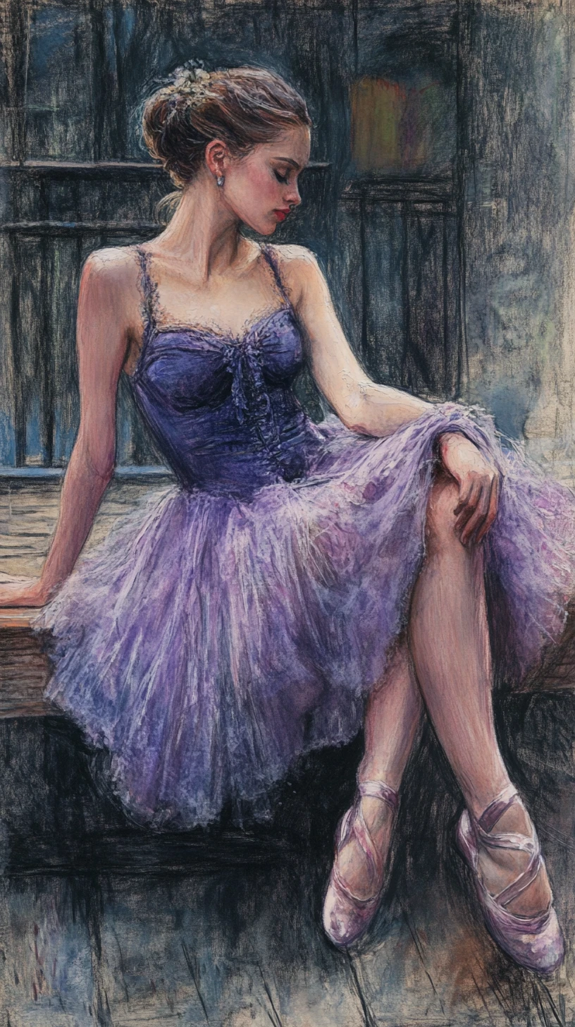 Ballerina in blue tutu seated on rustic wooden stool