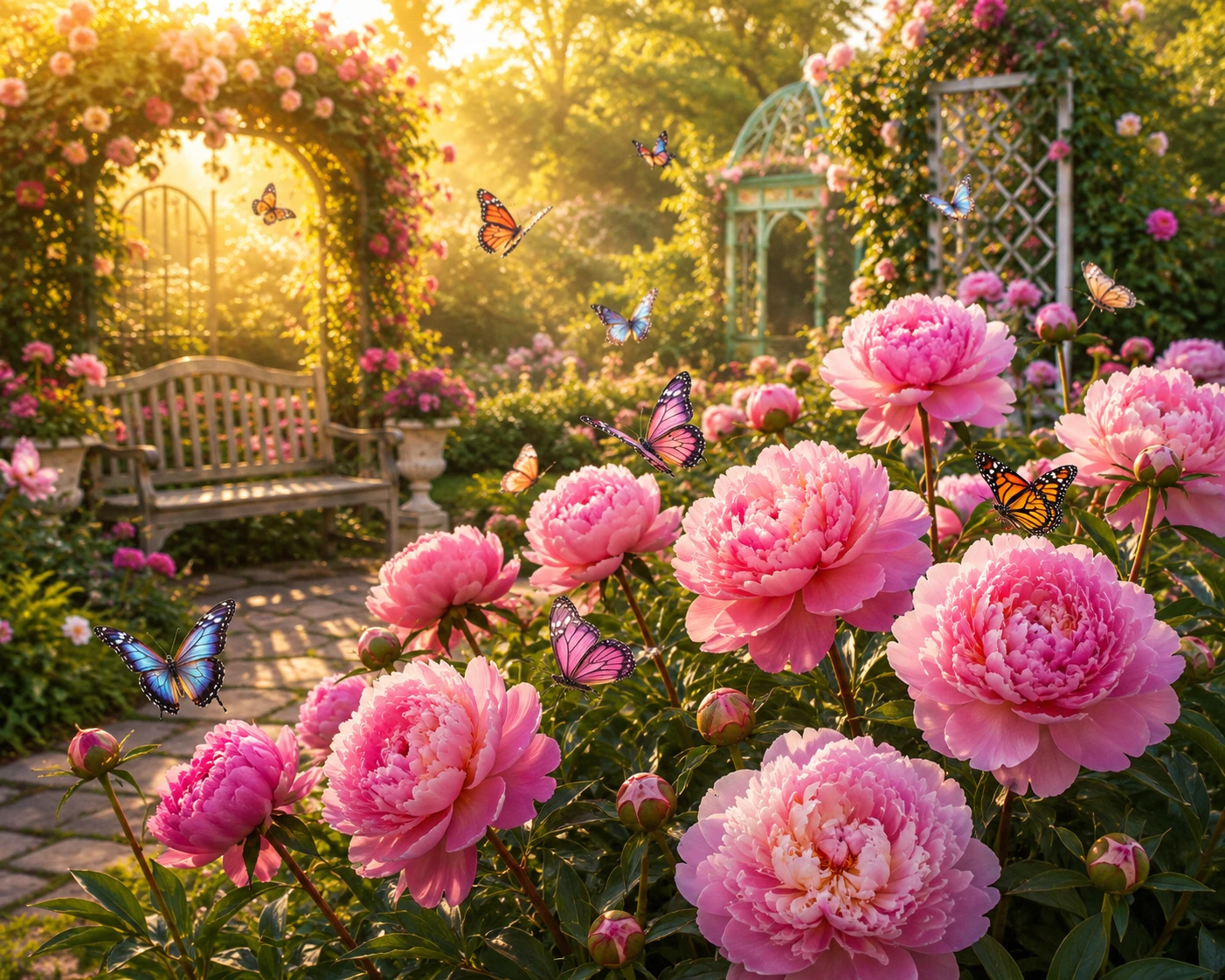 Pink peonies and butterflies glowing in a sunny garden