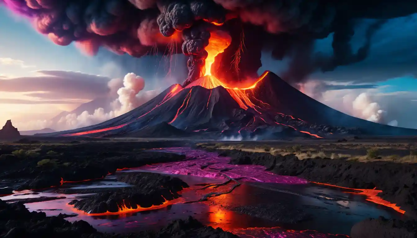 Otherworldly volcanic landscape with rivers of glowing lava