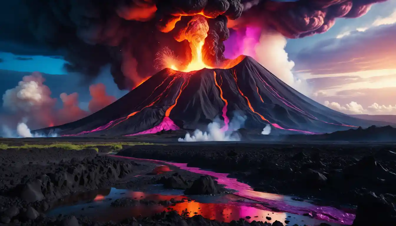 Apocalyptic alien landscape with erupting volcano and flowing lava