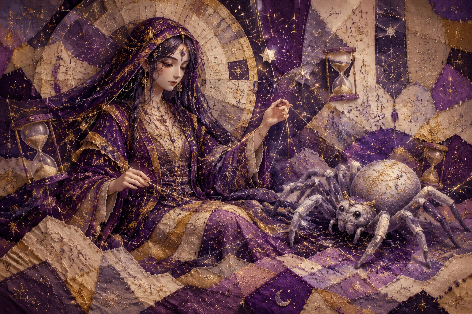 Papercraft collage of a mystical seer with fate spider