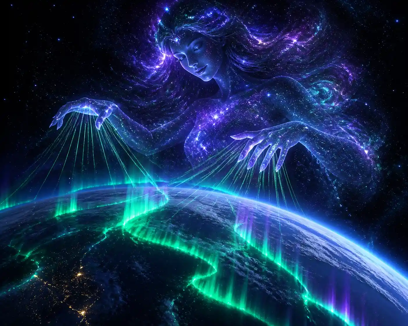 Ätherische Sternenstaubgöttin, die Polarlichter um die Erde webt