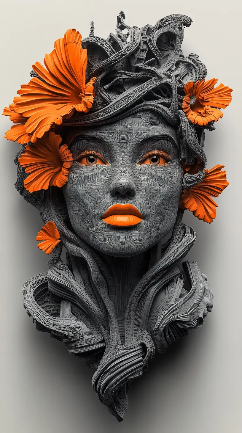 Futuristic sculpted woman with geometric orange headpiece