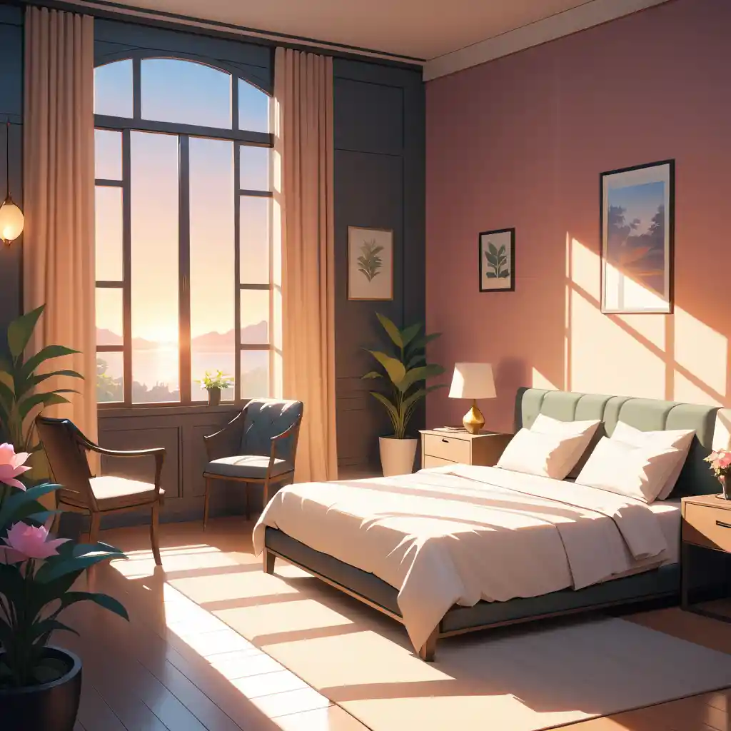 Elegant girl in a sunset lit luxury bedroom