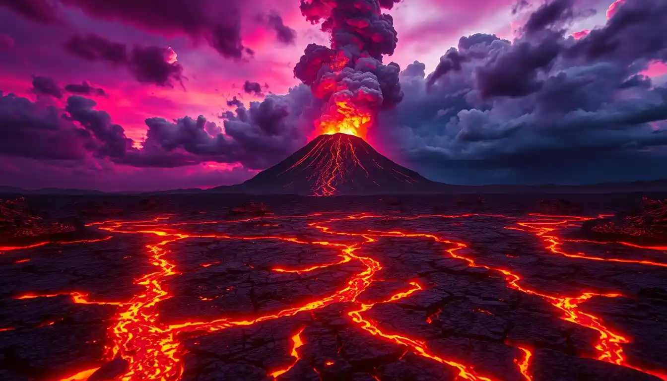 Erupting Volcano Over Alien Lava Landscape At Dusk