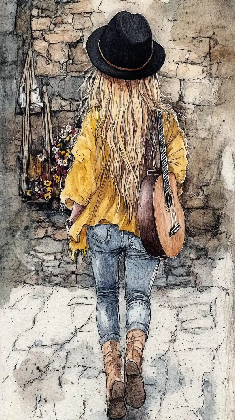 Bohemian woman with guitar walking on cobblestone street