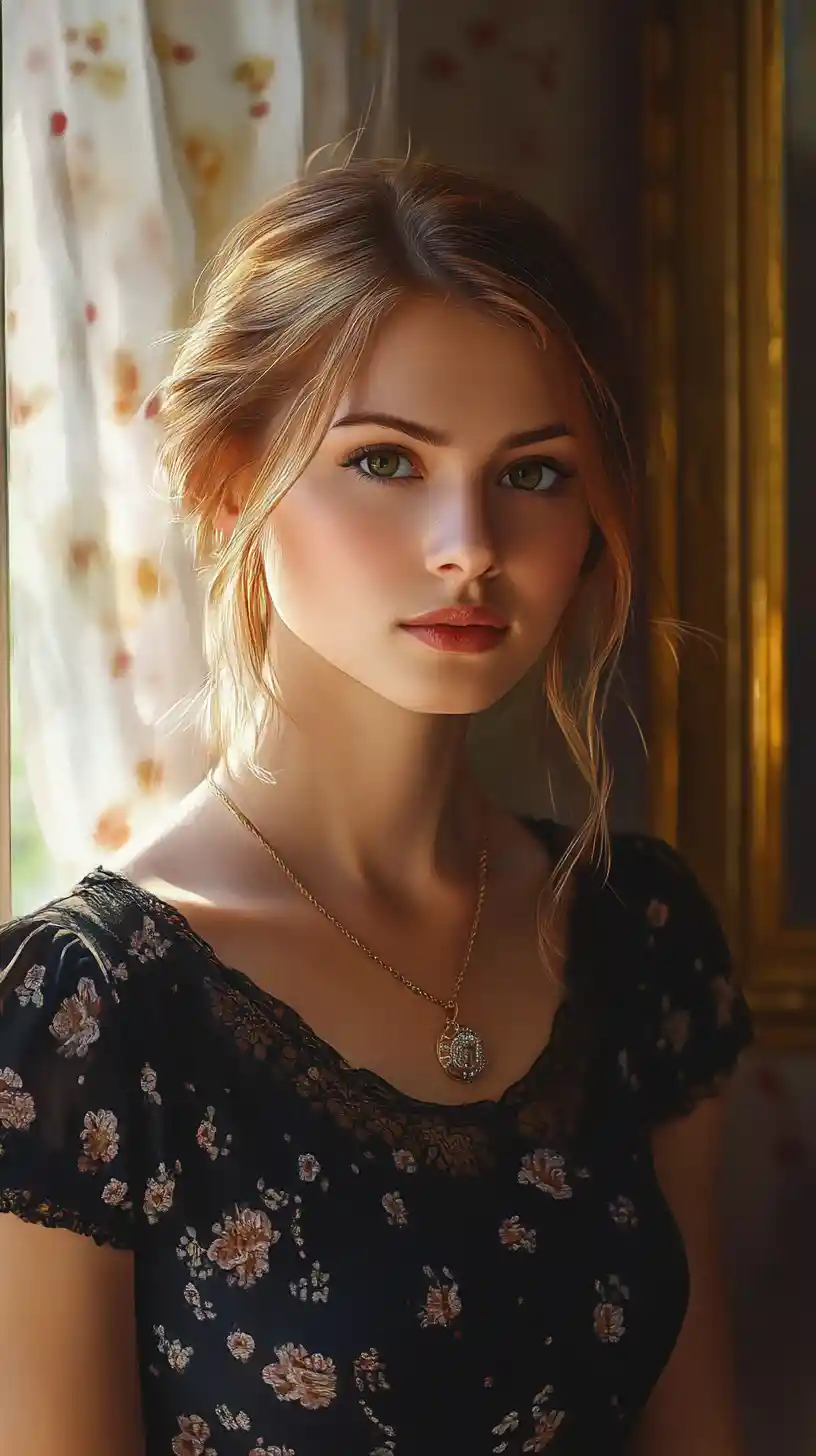 Elegant young woman by a sunlit window in lace dress