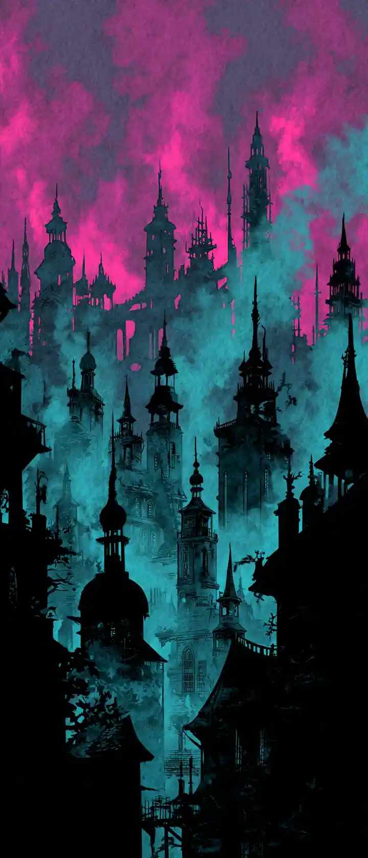 Silhouette fairy tale city skyline in neon cyan fog