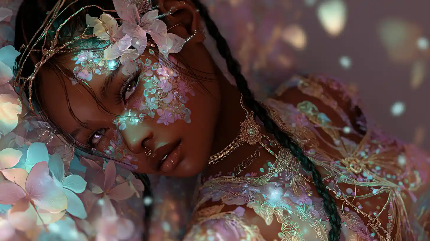 Ethereal bio engineered princess in glowing fantasy realm