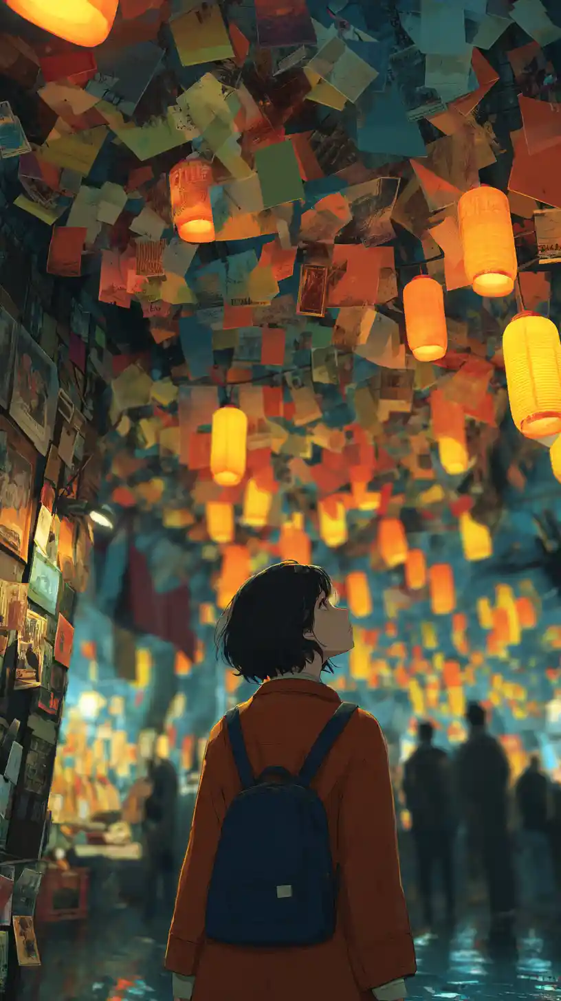 Girl with backpack gazing up in lantern lit market