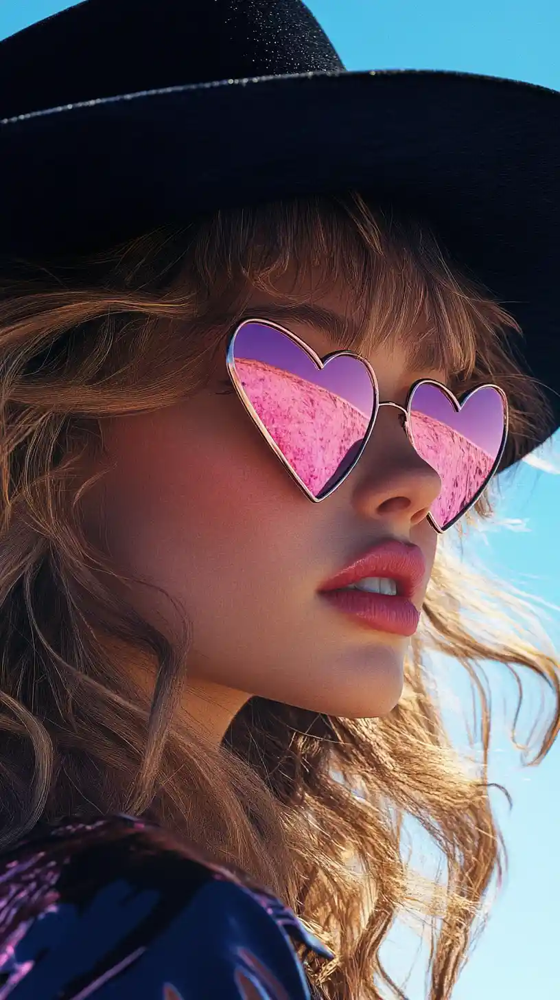 Stylish blonde woman in profile with pink heart sunglasses