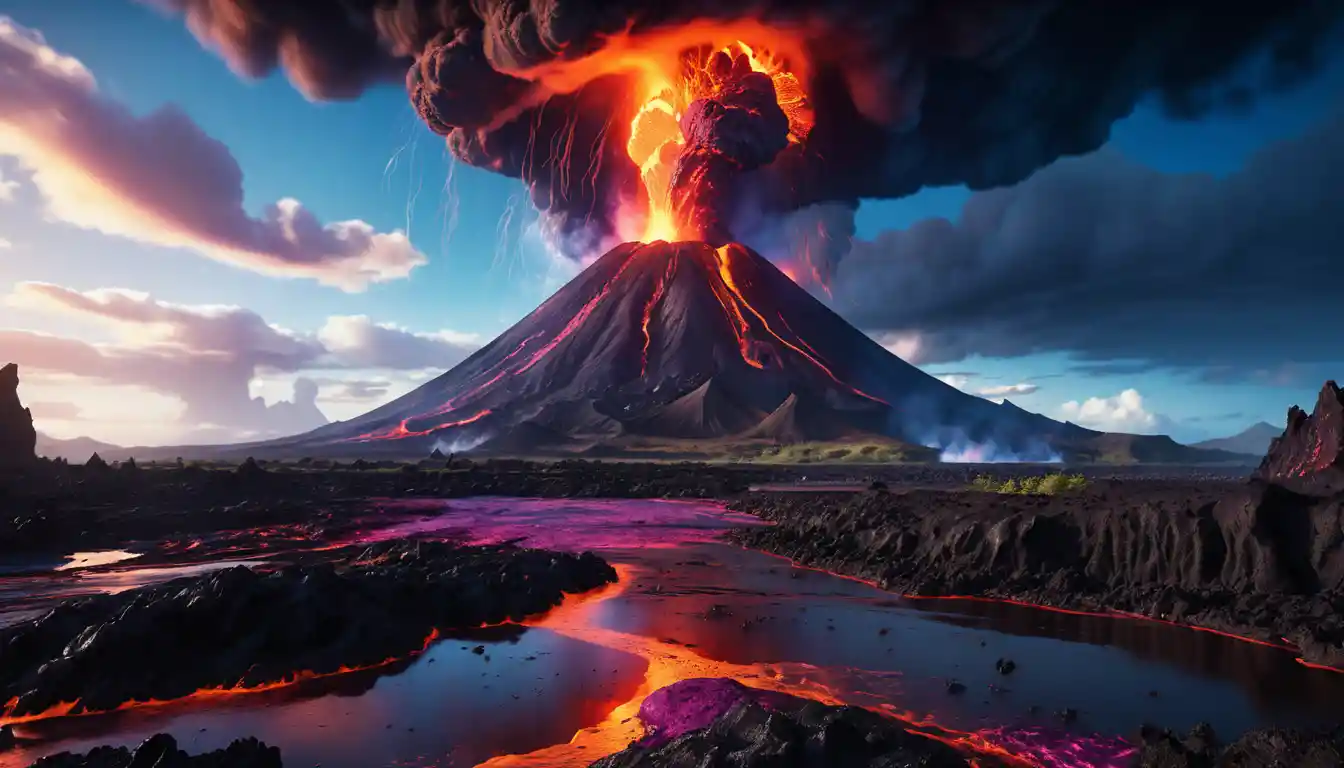 Apocalyptic volcanic landscape with rivers of glowing lava