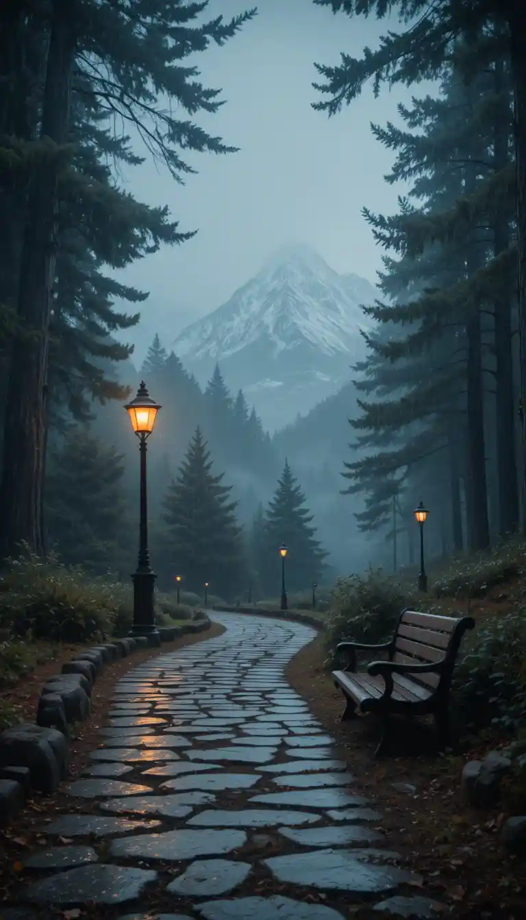 Rainy forest path with glowing lamps and misty mountains