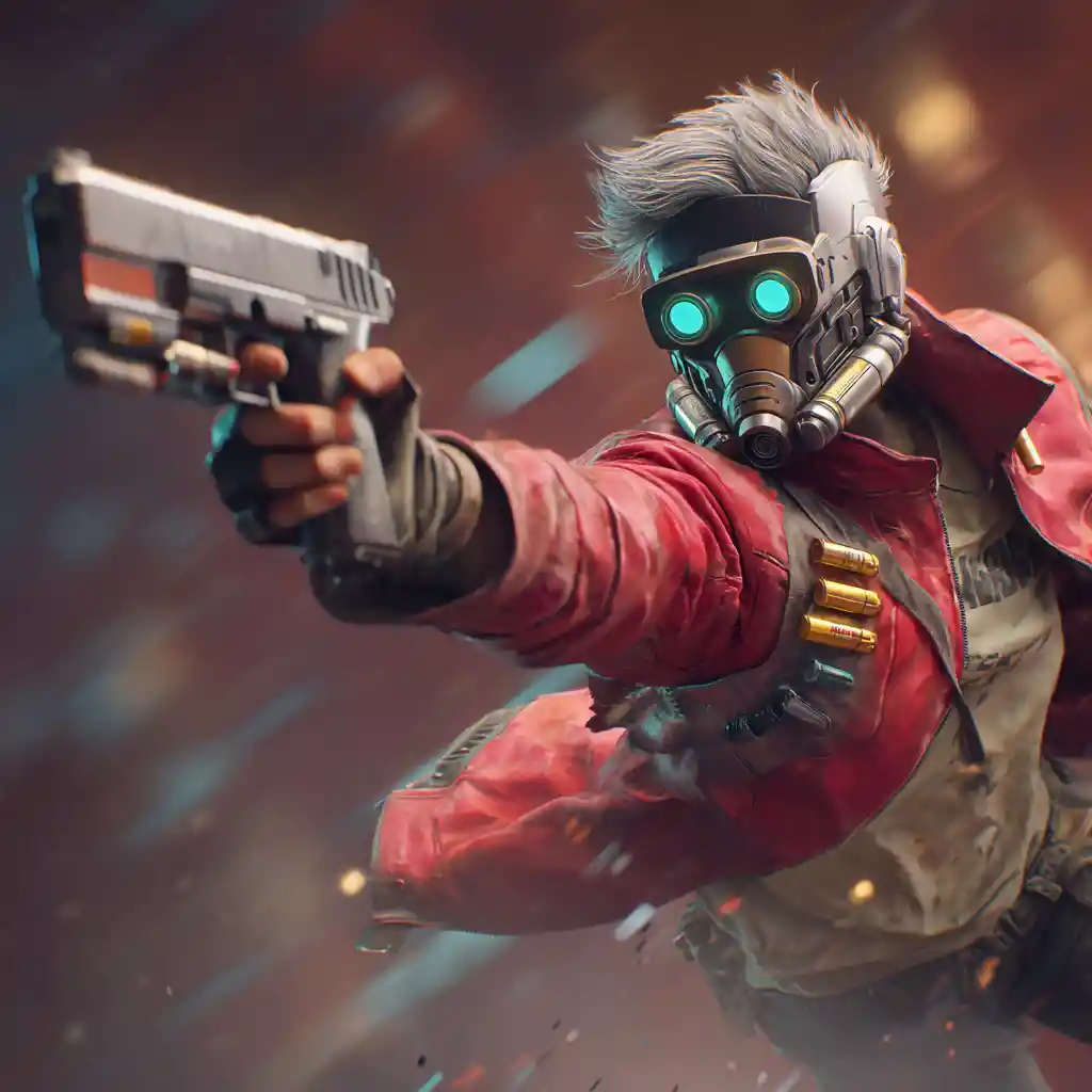 Cyberpunk guardian in dynamic pose with handgun