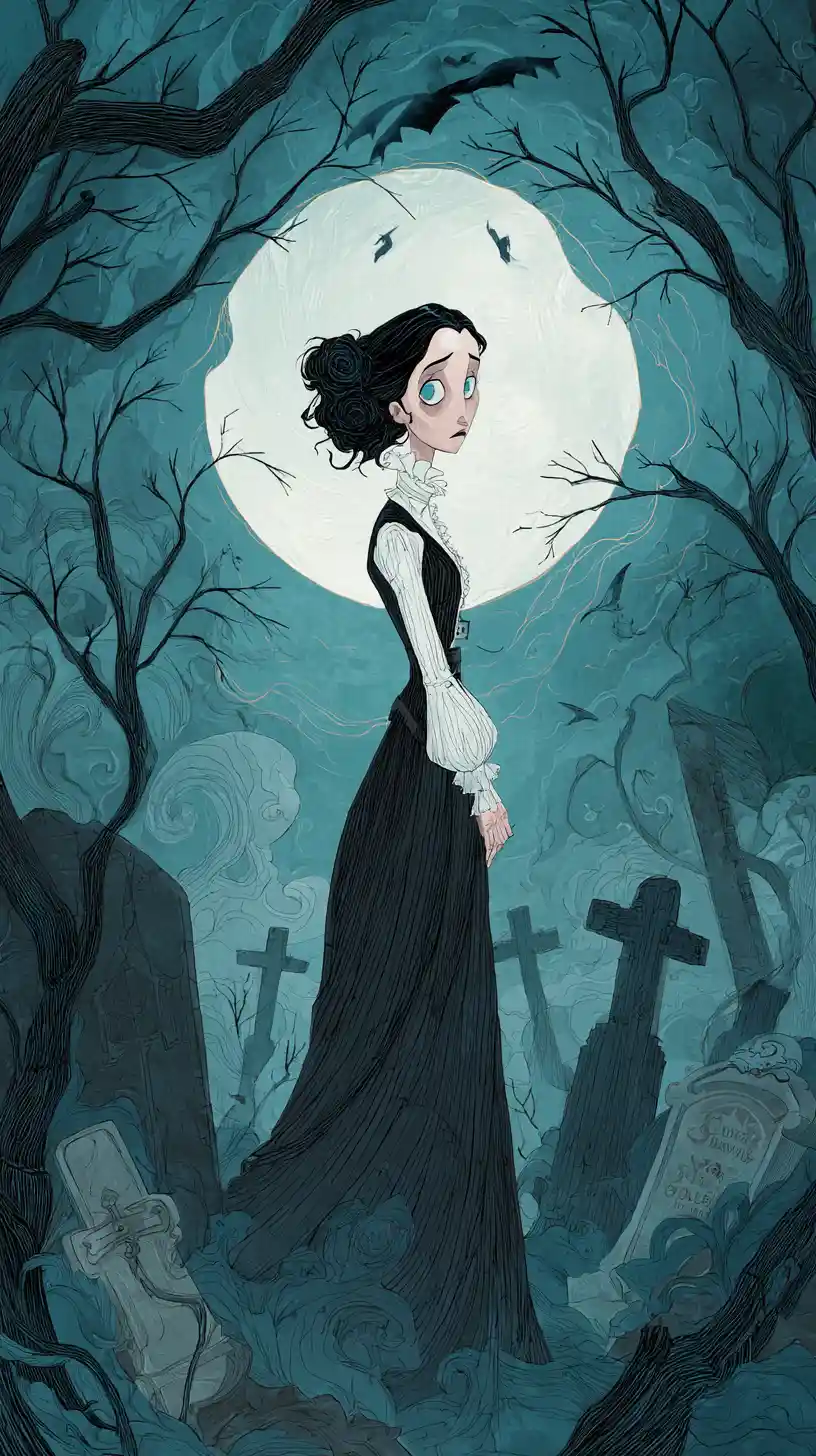 Gothic woman in moonlit haunted graveyard illustration