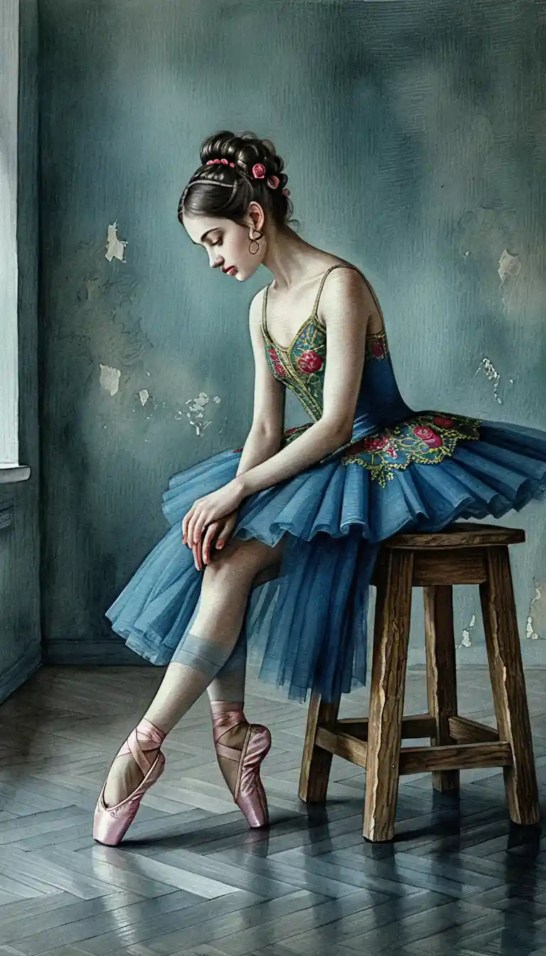 Contemplative ballerina seated on a rustic wooden stool